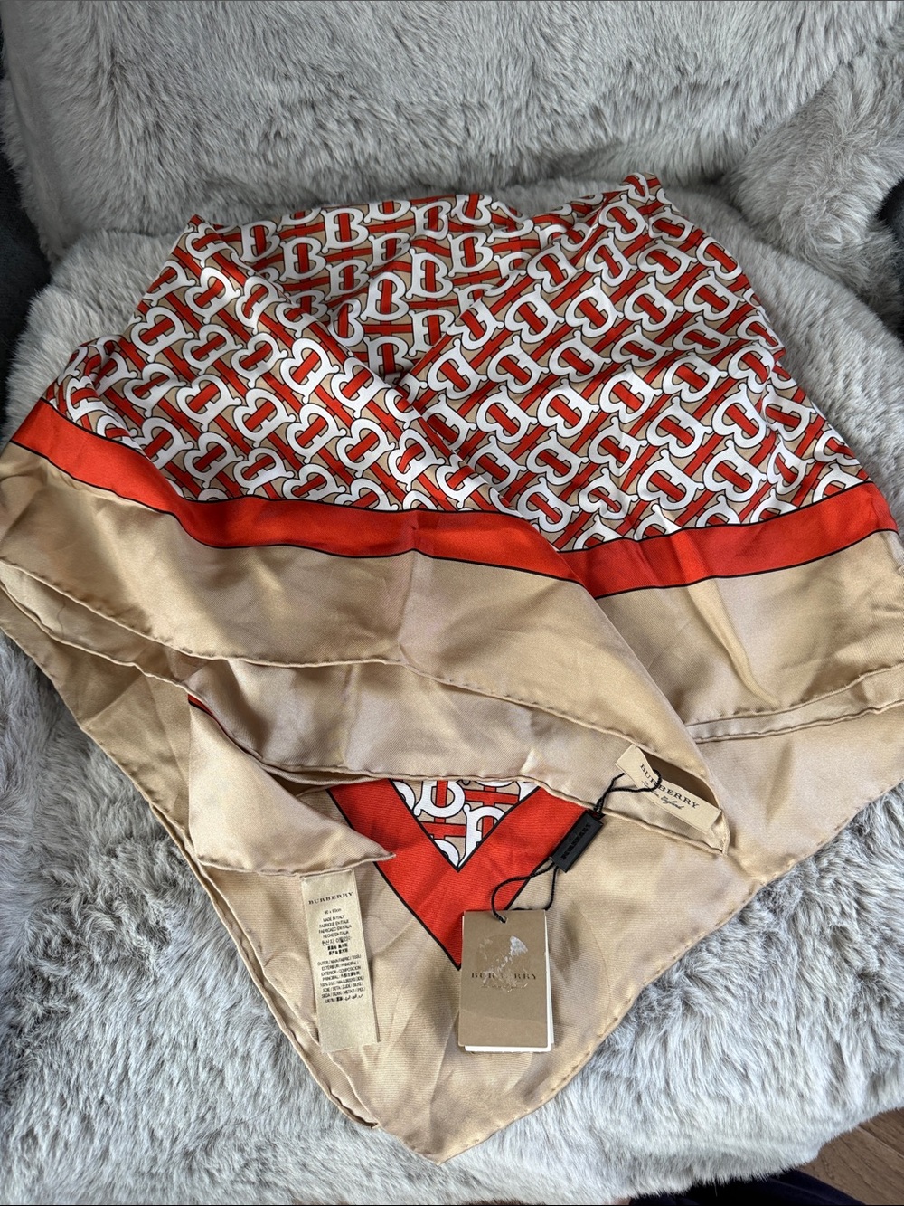Burberry Orange, Cream & Tan Silk TB Logo Print Scarf